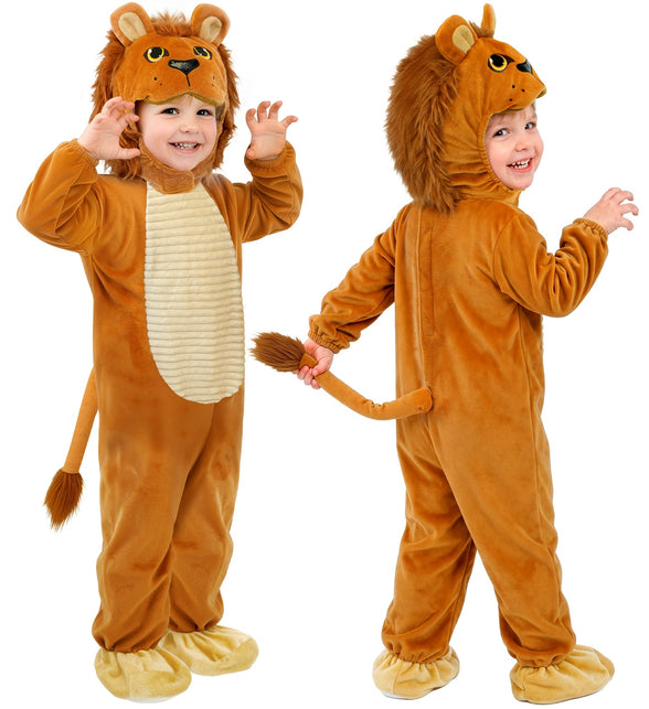 Leeuw jumpsuit jongens van voor en achter, met staart aan de rugzijde en volle manen
