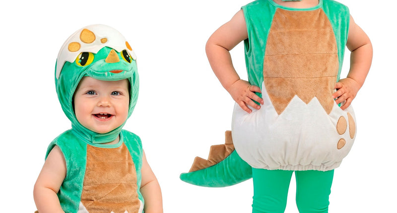Dinosaurus baby kostuum voor jongens in groen plush met eierschaalkap en staart, twee maten