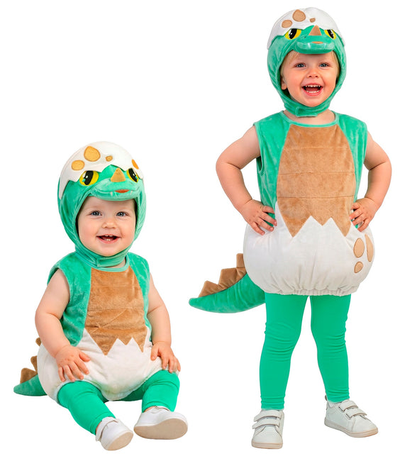 Dinosaurus baby kostuum voor jongens in groen plush met eierschaalkap en staart, twee maten