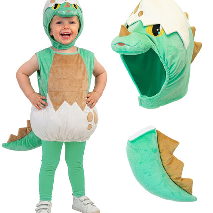 Dinokostuum baby met losse kap met gele ogen en gevulde staart met bruine rugpunten