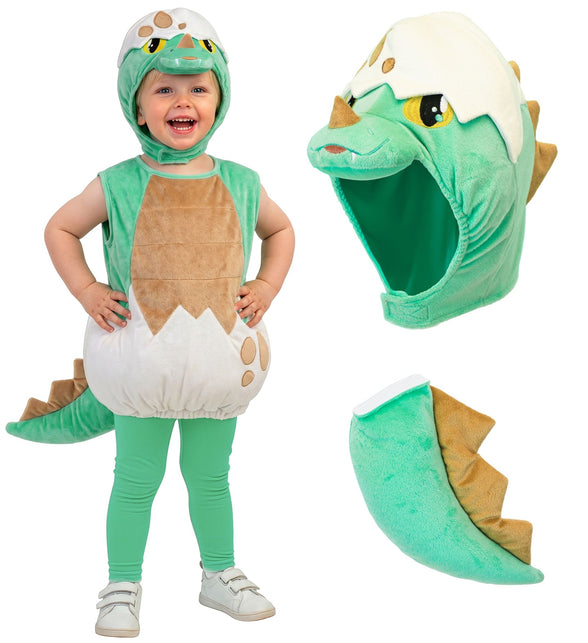 Dinokostuum baby met losse kap met gele ogen en gevulde staart met bruine rugpunten