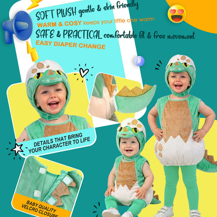 Detailcollage dinosauruskostuum baby: klittenbandsluiting, staart en zachte plushstof