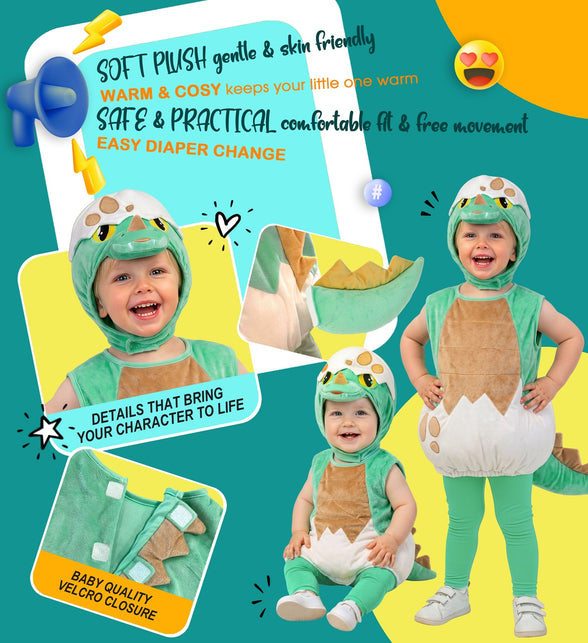 Detailcollage dinosauruskostuum baby: klittenbandsluiting, staart en zachte plushstof