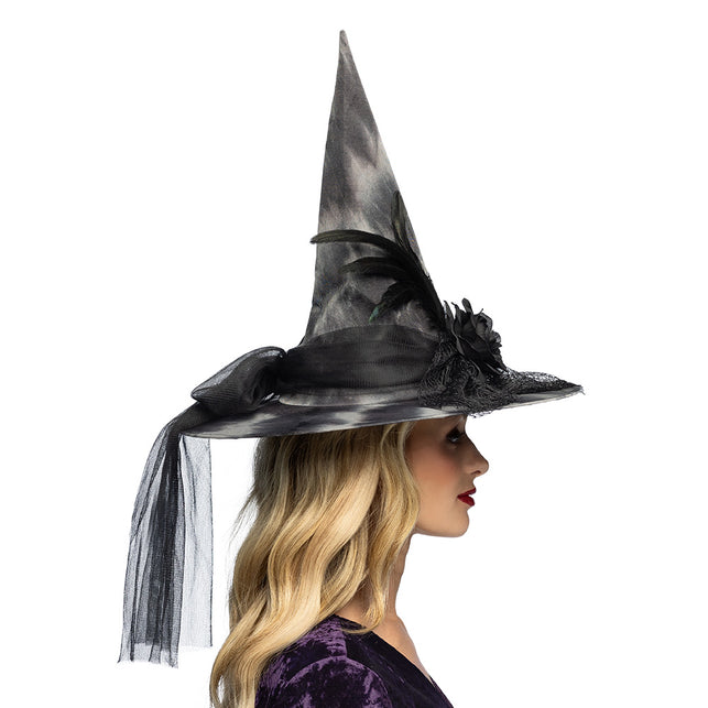 Halloween heksenhoed met chicken feathers