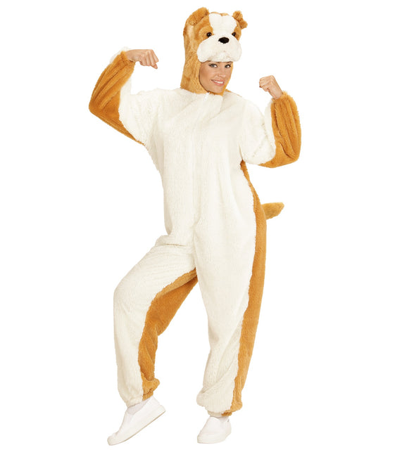 Pluche bulldog kostuum achterkant, zachte hond onesie met kap