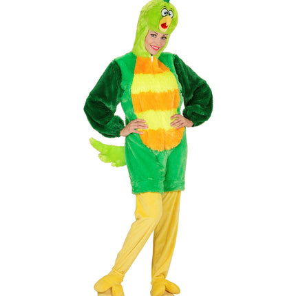 Pluche vogelpak groen met gestreepte buikpartij, dierenpak voor carnaval en themafeest