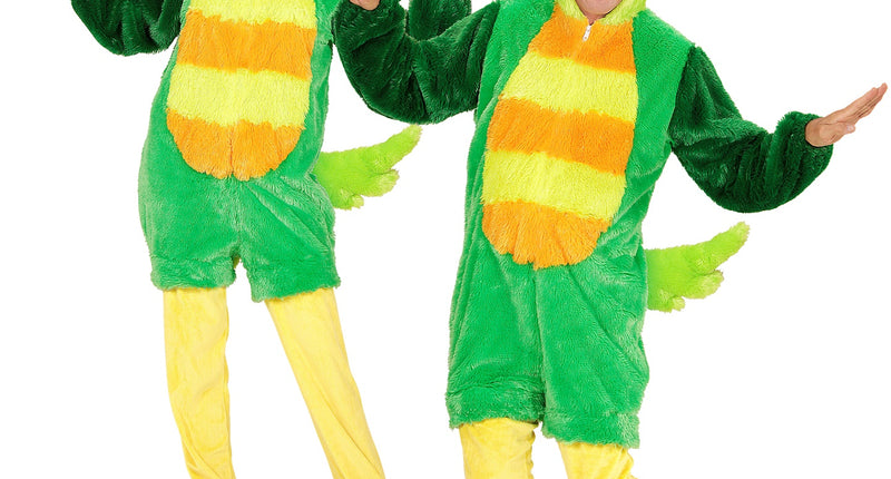 Groen vogelpak met masker voor dames en heren, pluche jumpsuit met oranjegele buik en staart