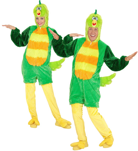 Groene vogel pluche pak met masker, zachte dieren onesie met kap vooraanzicht