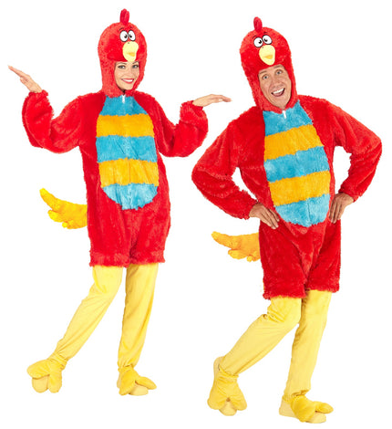 Rode vogel pluche pak volwassenen, zachte dieren onesie met kap vooraanzicht