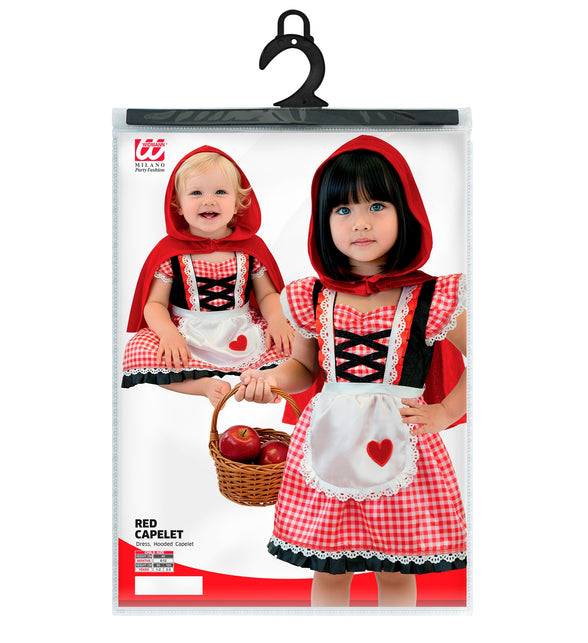Verpakking rode capelet jurk voor meisjes met maten 80, 98 en 104 cm