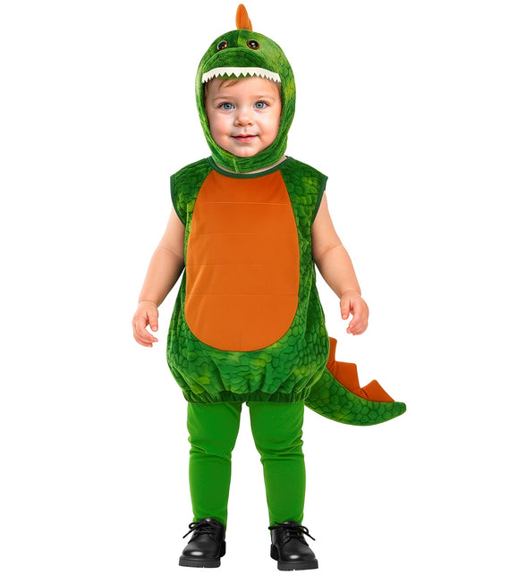 Groen dinosaurus kostuum jongens met kap, oranje buikplaat en groene broek, vooraanzicht