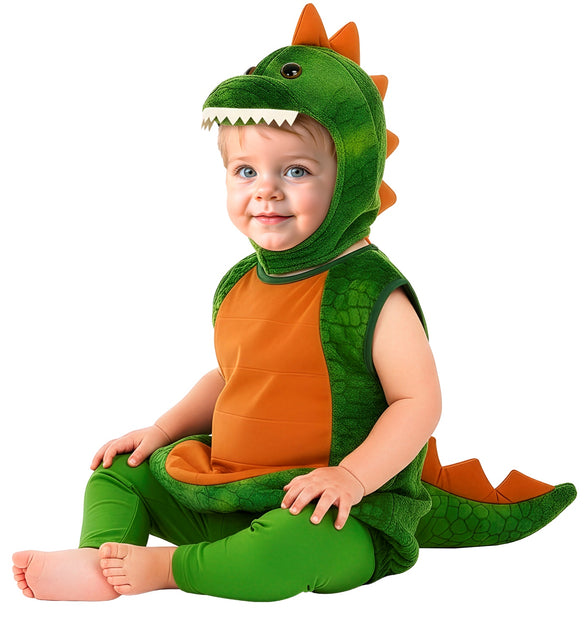 Dinosaurus kostuum jongens zittend, met oranje rugpunten en zachte pluizige stof