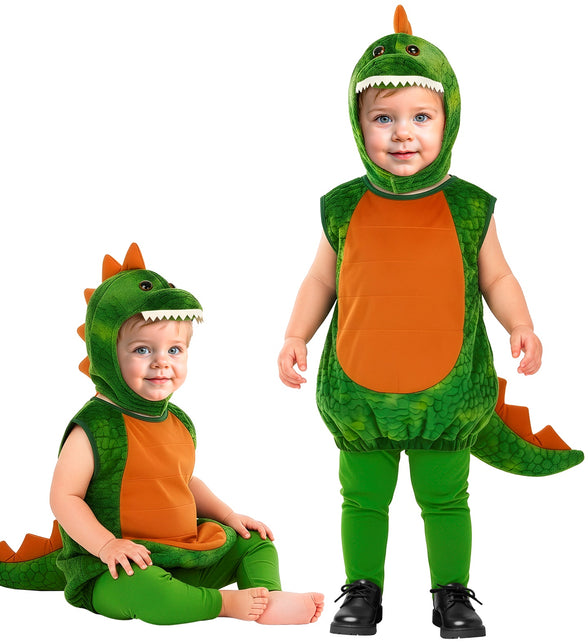 Dinosaurus kostuum jongens in groen met oranje buik en staart, twee maten naast elkaar