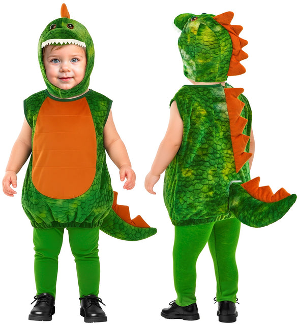 Dinosaurus kostuum jongens voor- en achterkant met oranje rugkam en dikke staart