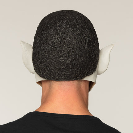 Achterkant latex hoofdmasker vampier met gestructureerd zwart haar dat het hele hoofd bedekt