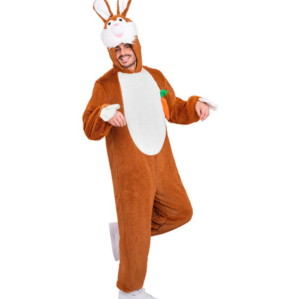 Bruine konijnen jumpsuit met capuchon en opstaande oren, zijaanzicht op model