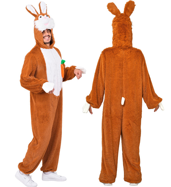 Konijn in zacht pluche jumpsuit voor volwassenen detailopname – verkleedkleding