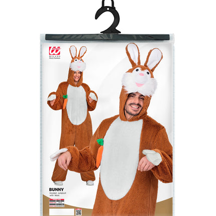Verpakking van het pluche konijnenpak met capuchon en masker, maten M, L en XL
