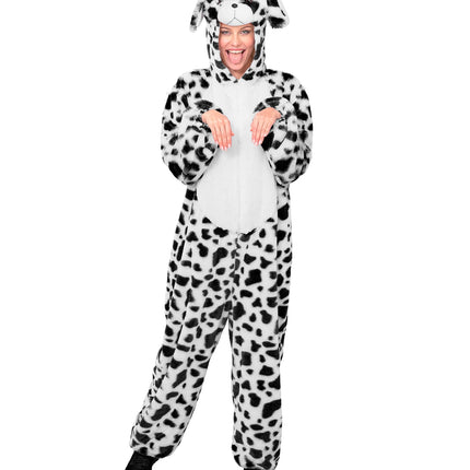 Dalmatier in zacht pluche jumpsuit voor volwassenen achterkant – verkleedkleding