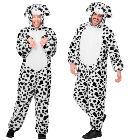 Dalmatier in zacht pluche jumpsuit voor volwassenen vooraanzicht – verkleedkleding