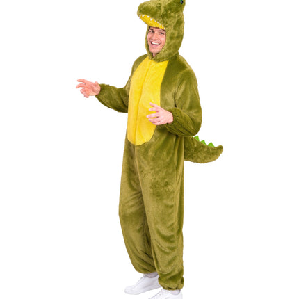 Krokodil in zacht pluche jumpsuit voor volwassenen zijaanzicht – verkleedkleding