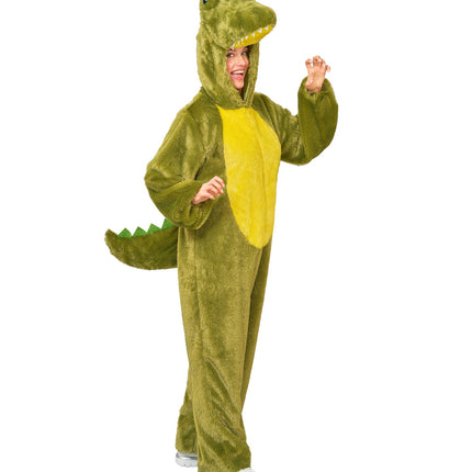 Krokodil in zacht pluche jumpsuit voor volwassenen achterkant – verkleedkleding