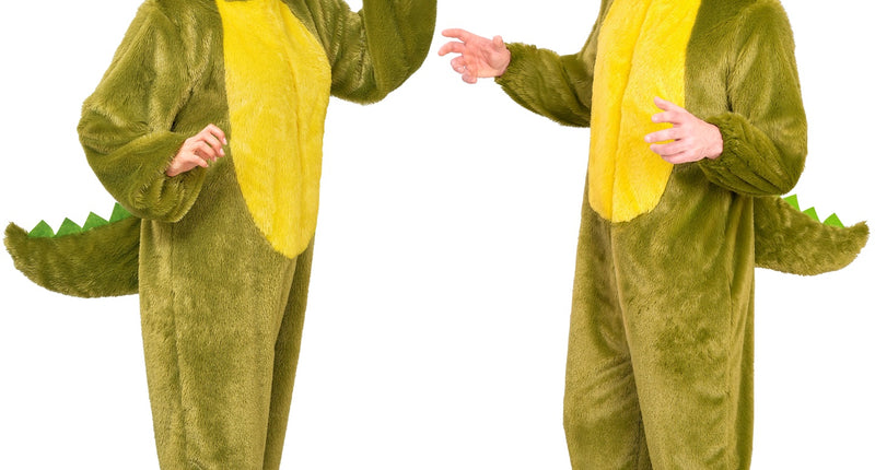 Krokodil in zacht pluche jumpsuit voor volwassenen vooraanzicht – verkleedkleding
