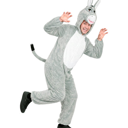 Ezel jumpsuit heren van pluche, zijaanzicht met grijze staart en zwarte kwast