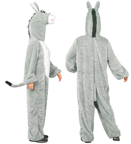 Achterkant ezel jumpsuit met staart en donkere manenstreep over de capuchon