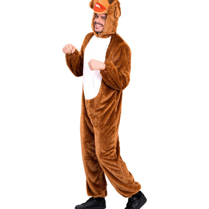Hond in zacht pluche jumpsuit voor volwassenen detailopname – verkleedkleding