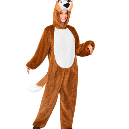 Vos in zacht pluche jumpsuit voor volwassenen achterkant – verkleedkleding