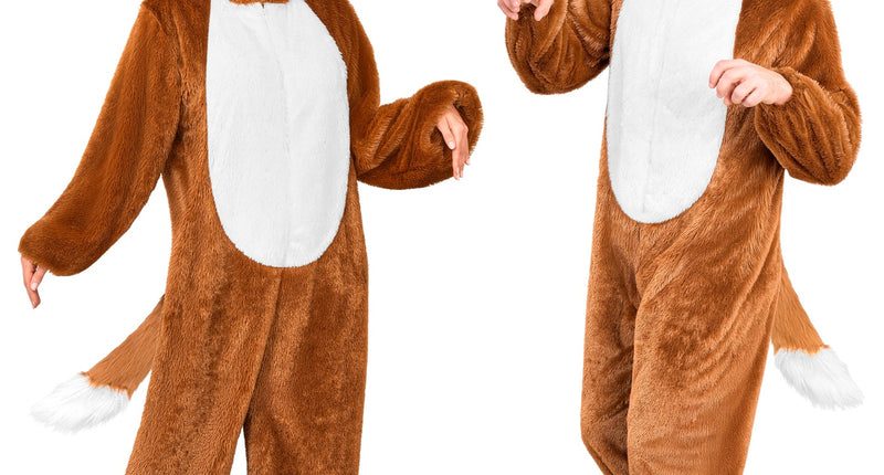 Vos in zacht pluche jumpsuit voor volwassenen vooraanzicht – verkleedkleding