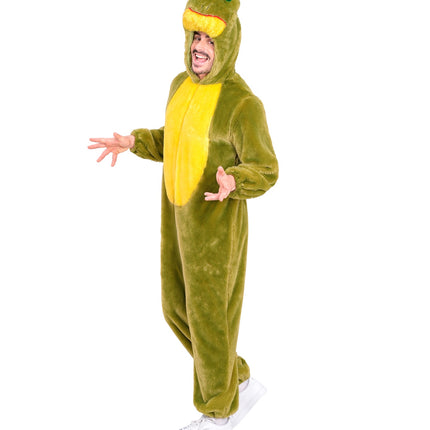 Kikker in zacht pluche jumpsuit voor volwassenen zijaanzicht – verkleedkleding