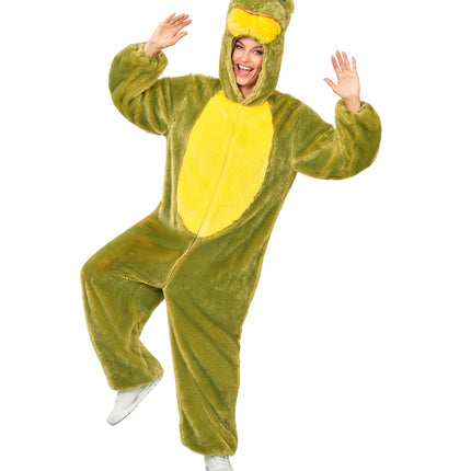 Kikker in zacht pluche jumpsuit voor volwassenen achterkant – verkleedkleding
