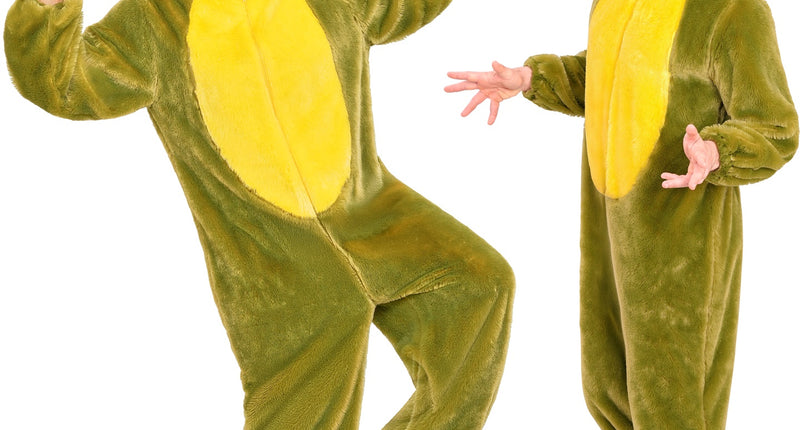 Kikker in zacht pluche jumpsuit voor volwassenen vooraanzicht – verkleedkleding
