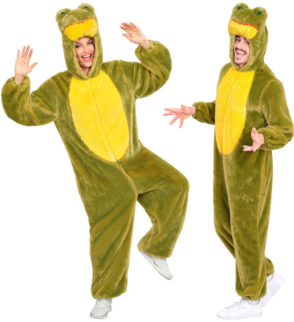 Kikker in zacht pluche jumpsuit voor volwassenen vooraanzicht – verkleedkleding