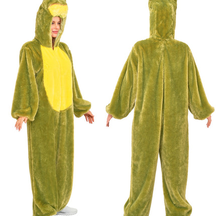 Kikker in zacht pluche jumpsuit voor volwassenen detailopname – verkleedkleding
