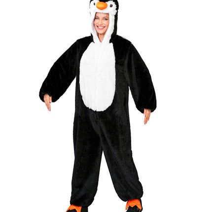 Pinguin in zacht pluche jumpsuit voor volwassenen achterkant – verkleedkleding