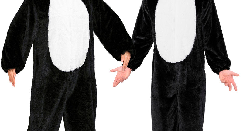 Pinguin in zacht pluche jumpsuit voor volwassenen vooraanzicht – verkleedkleding