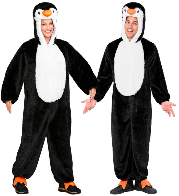 Pinguin jumpsuit volwassenen in zwart pluche met witte buik, gedragen door dame en heer