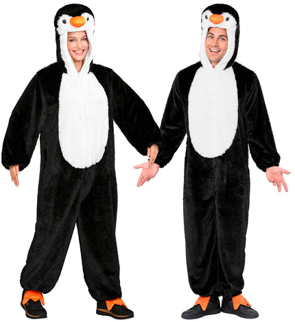 Pinguin in zacht pluche jumpsuit voor volwassenen vooraanzicht – verkleedkleding