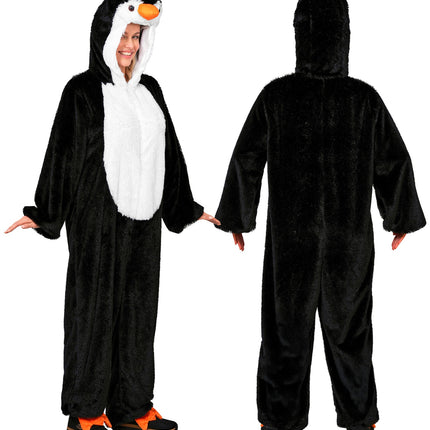 Pinguin in zacht pluche jumpsuit voor volwassenen detailopname – verkleedkleding