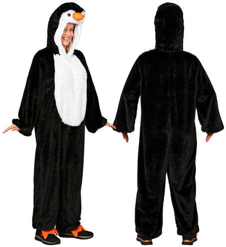 Pinguin pluche jumpsuit voor- en achterkant, volledig zwarte rug met capuchon