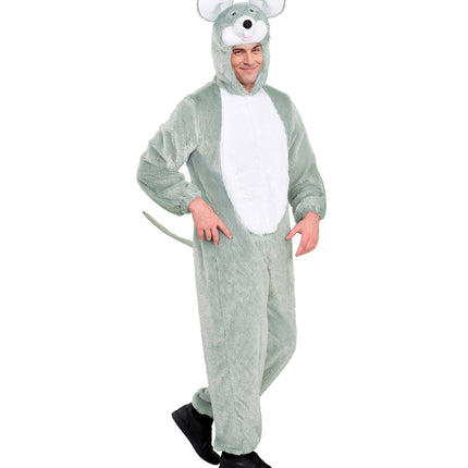 Muis in zacht pluche jumpsuit voor volwassenen zijaanzicht – verkleedkleding