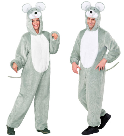 Muis in zacht pluche jumpsuit voor volwassenen vooraanzicht – verkleedkleding
