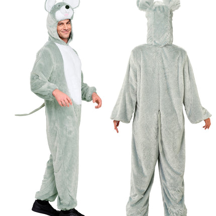 Muis in zacht pluche jumpsuit voor volwassenen detailopname – verkleedkleding
