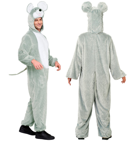 Muizenpak achterkant met grijze staart en capuchon met ronde muizenoren, pluche jumpsuit volwassenen