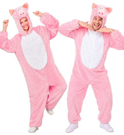 Varken in zacht pluche jumpsuit voor volwassenen vooraanzicht – verkleedkleding