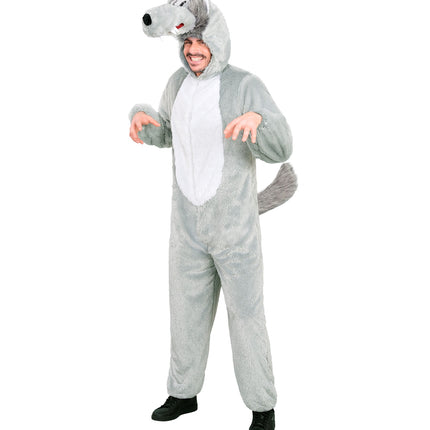 Wolf in zacht pluche jumpsuit voor volwassenen achterkant – verkleedkleding