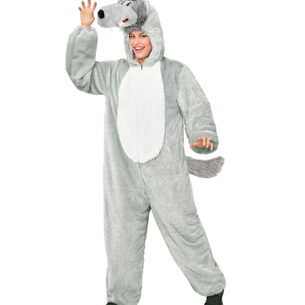 Wolf in zacht pluche jumpsuit voor volwassenen zijaanzicht – verkleedkleding